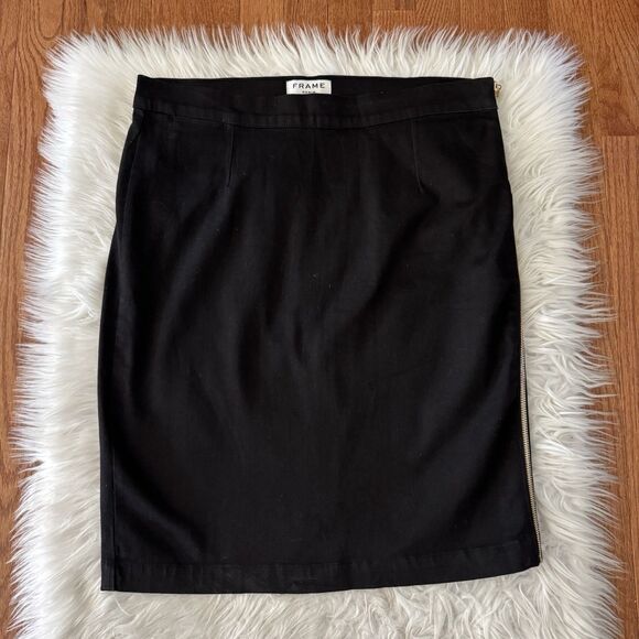 FRAME DENIM Skirt Women’s Size 32 Black Stretchy Pencil Gold Zipper Preppy Chic - Picture 1 of 9